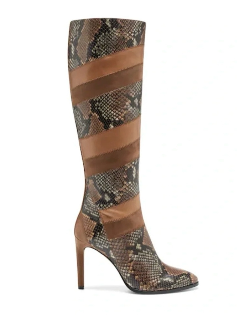 Vince Camuto Saraalan Knee High Stiletto Boots Size 7M Leather Brown Snake Print